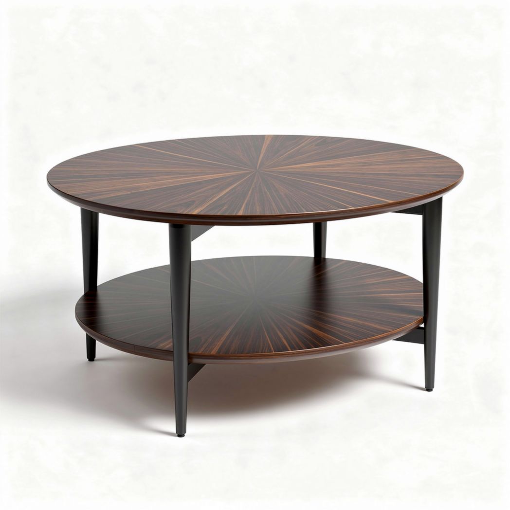 Round coffee table with wood veneer finish and lower storage shelf 80 x 80 x 45cm