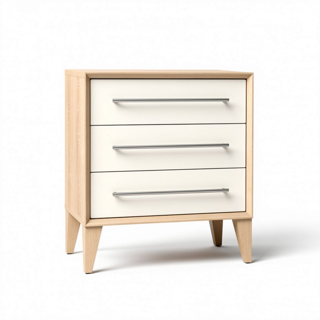 White wooden bedside table with three drawers for bedroom storage 40 x 60 x 80cm