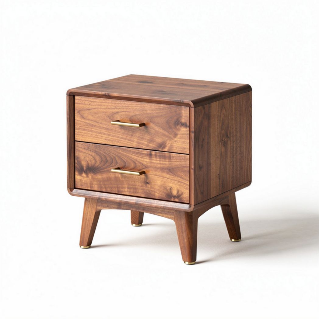 Walnut nightstand with two drawers and gold handles 50 x 40 x 45cm