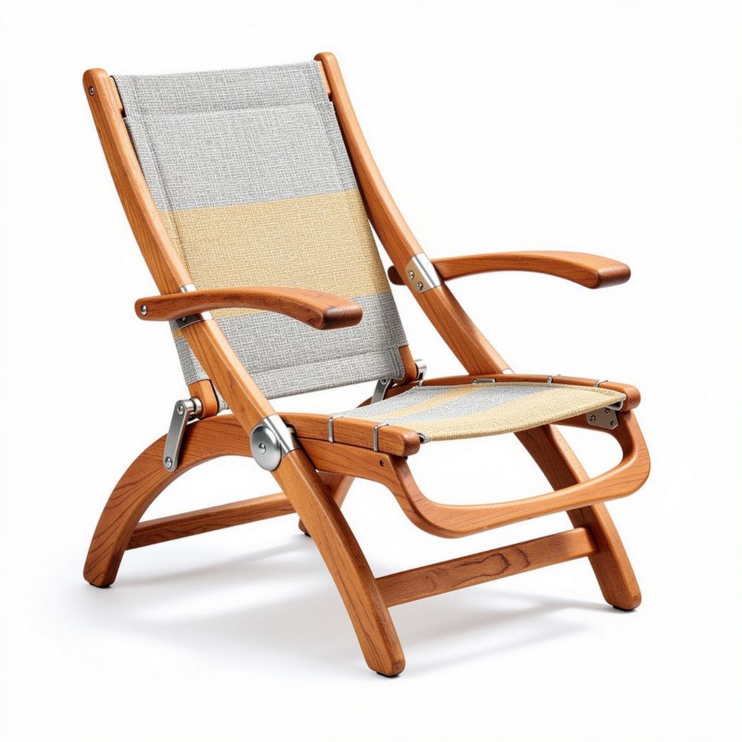 Wooden folding lounge chair with fabric seat in neutral colors 75 x 62 x 90cm