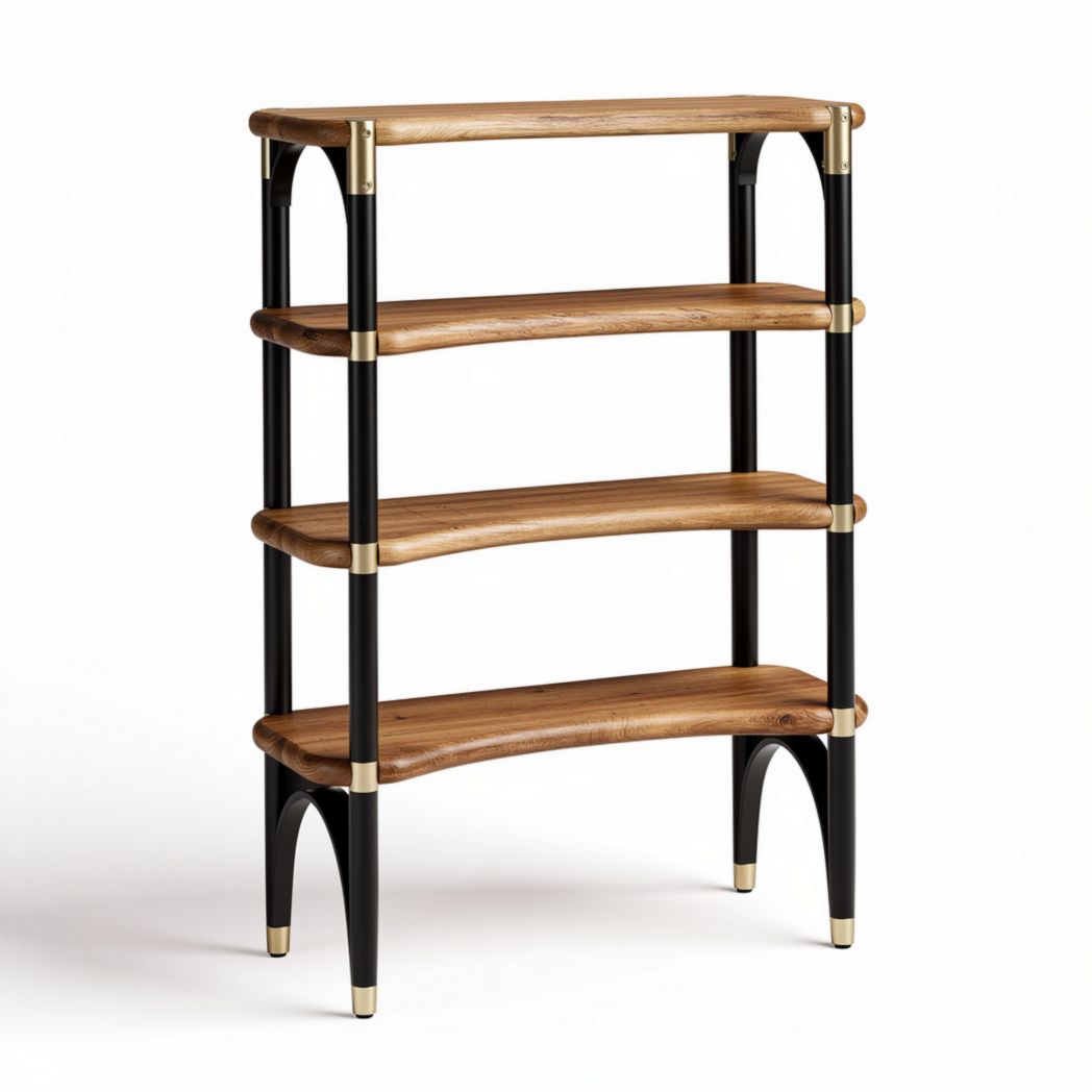 Wooden four-tier shelving unit with black metal frame and gold accents 80 x 40 x 120cm