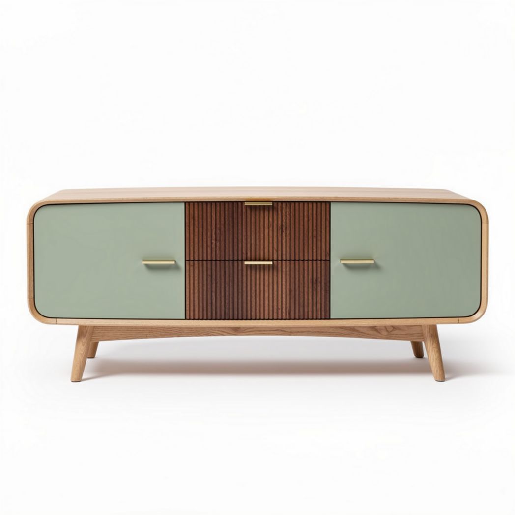 Wooden tv stand with three drawers in green and brown finish 100 x 45 x 40cm