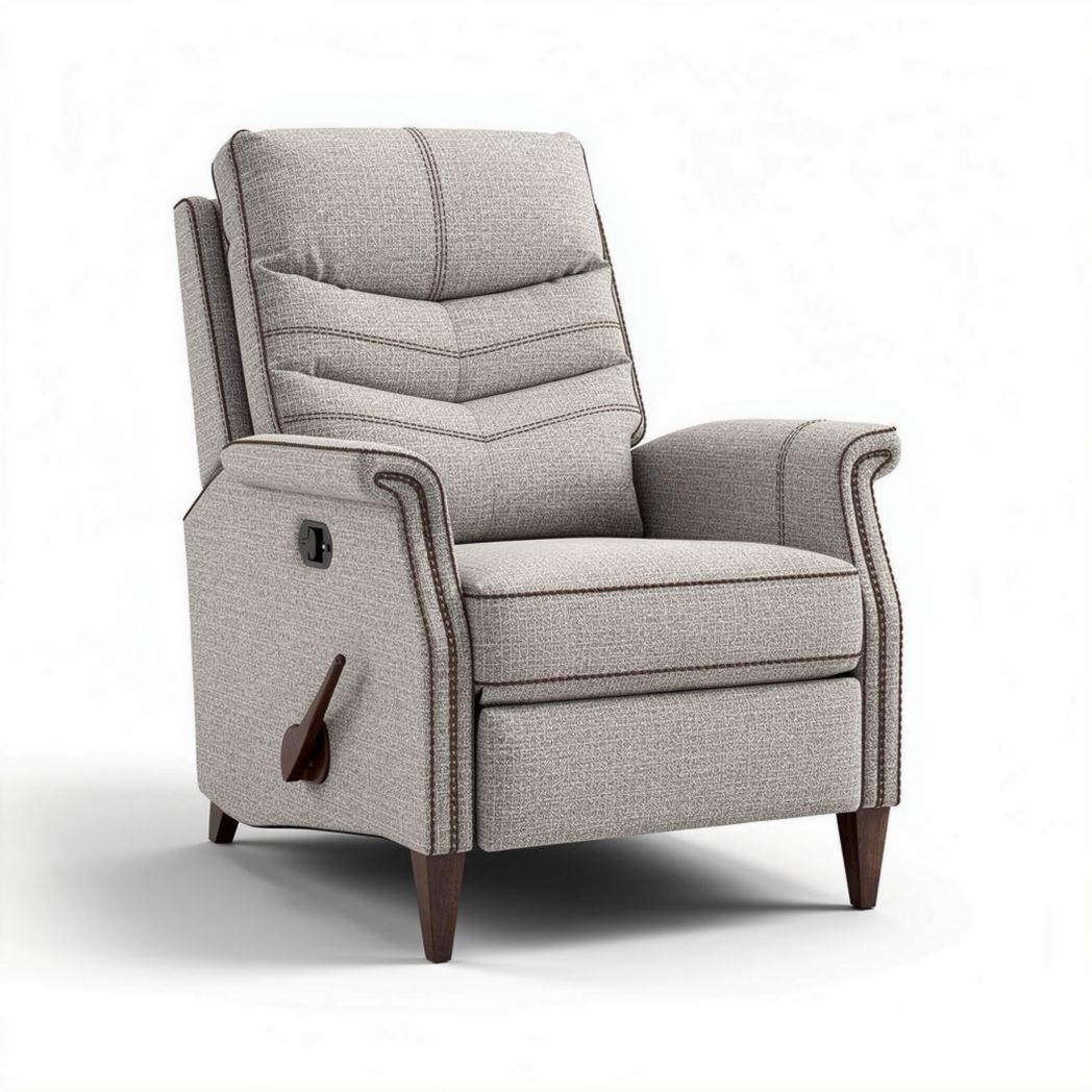 Recliner chair with fabric upholstery and wooden legs in light gray color