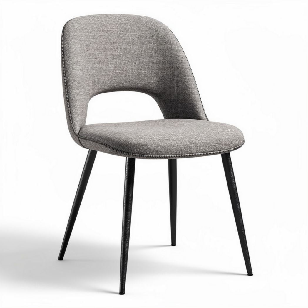 Gray upholstered dining chair with black metal legs and ergonomic design 45 x 50 x 85cm