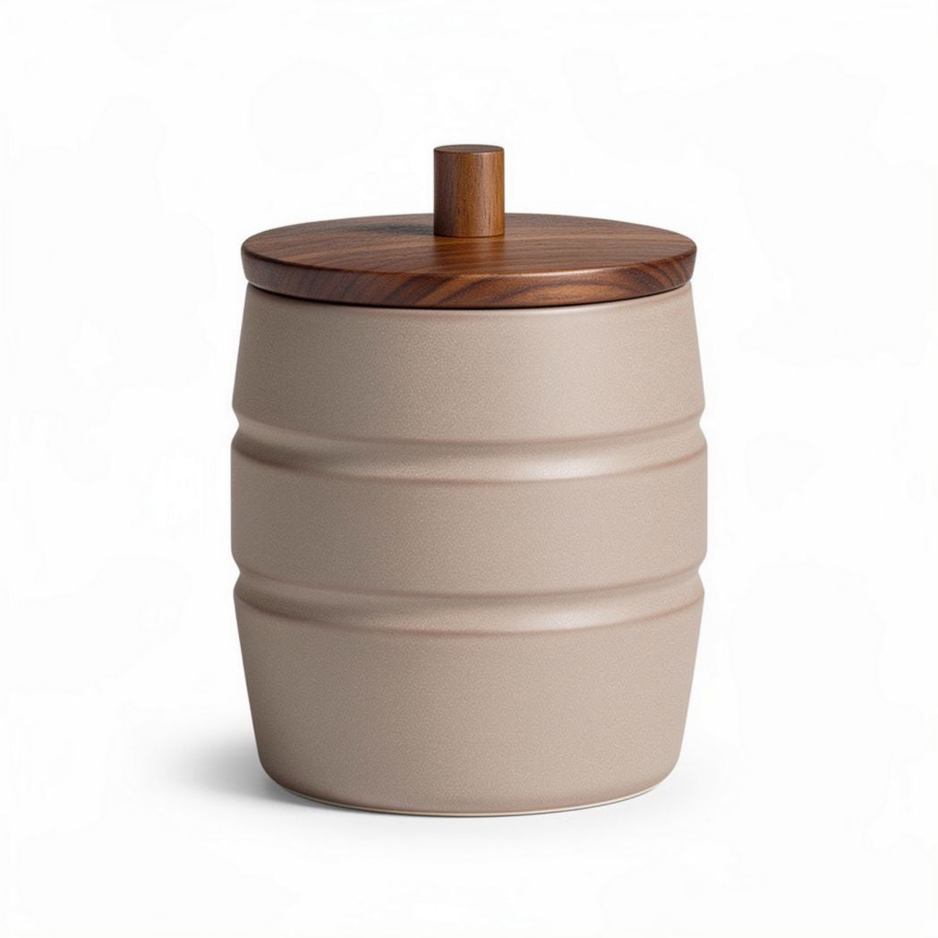 Matte beige ceramic storage container with wooden lid 15 x 15 x 18cm